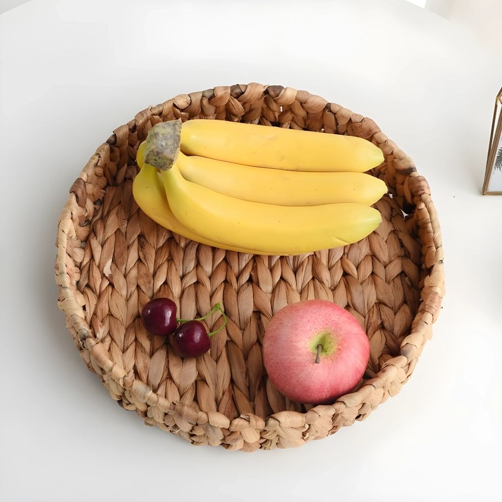  Woven rattan storage basket featuring handcrafted natural construction for kitchen and dining use