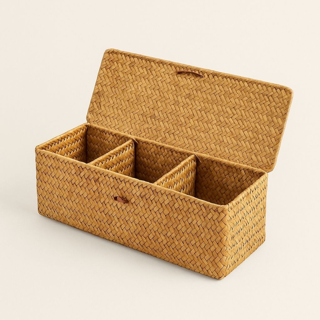 Handwoven wicker storage basket with three compartments and fitted lid for desk organization