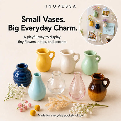 Collection of small vases in various colors with decorative elements on a light background, featuring the brand 'INOVESSA'.