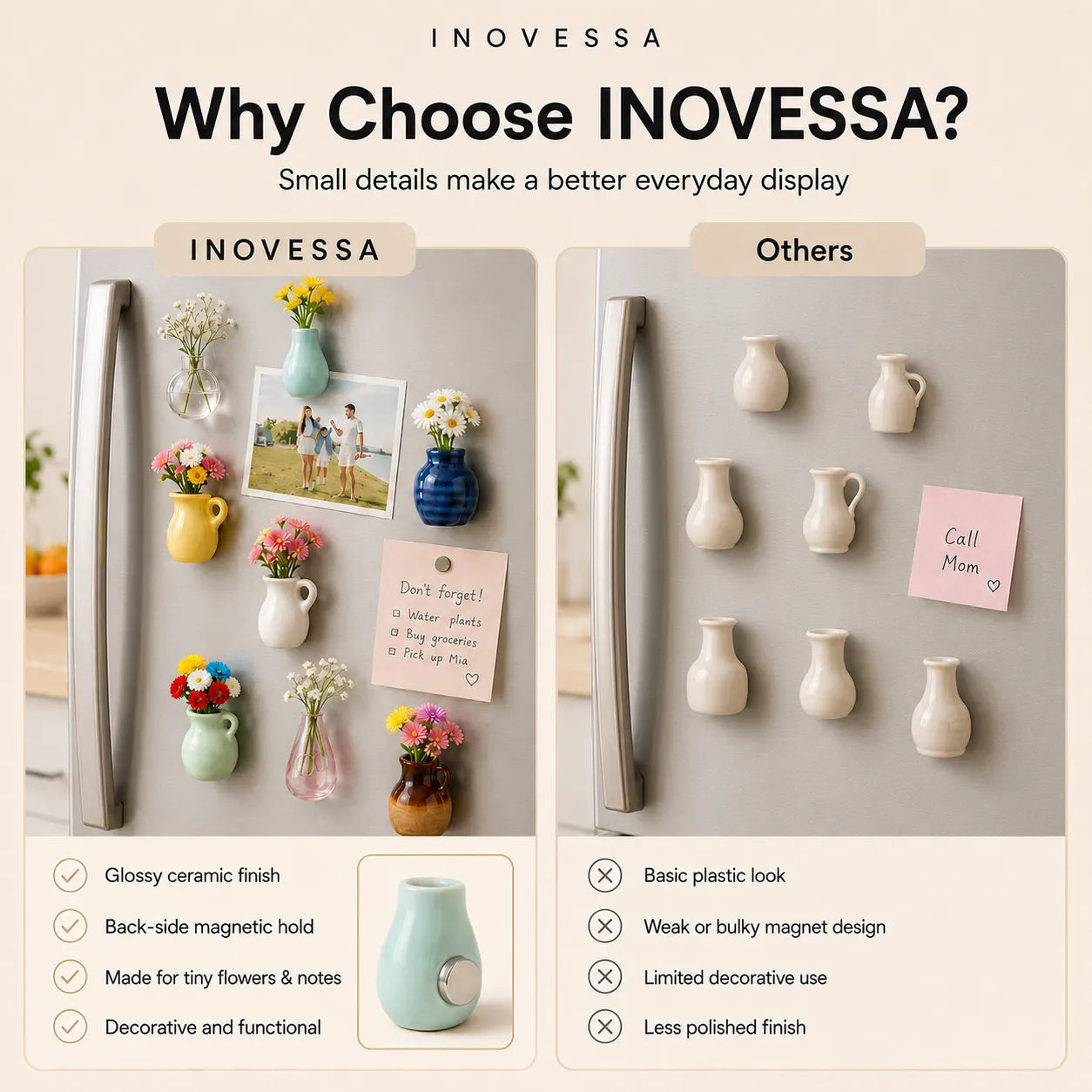 Comparison of INOVESSA magnetic decor with other options on a refrigerator door.