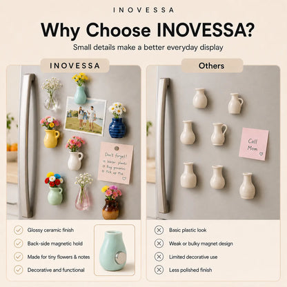 Comparison of INOVESSA magnetic decor with other options on a refrigerator door.