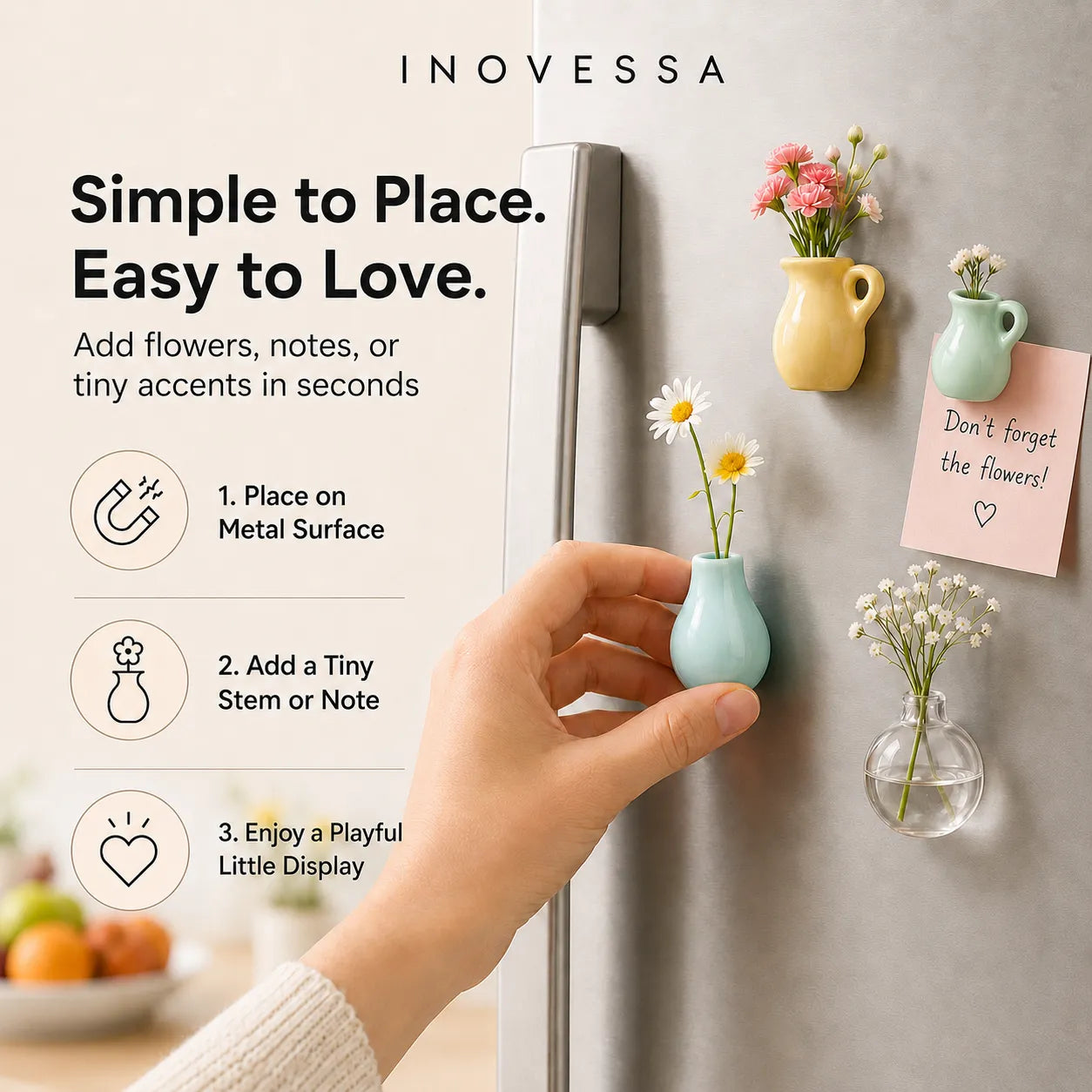 Inovessa magnetic flower vases on a refrigerator with a hand placing one on the surface.