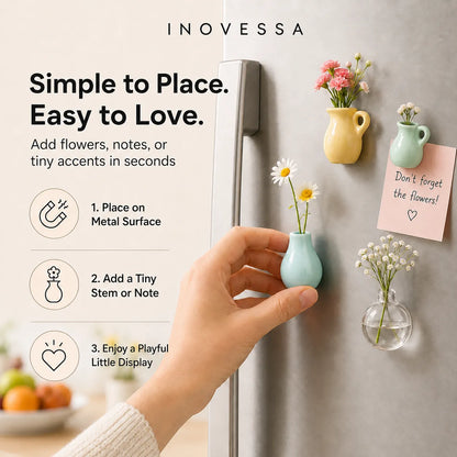 Inovessa magnetic flower vases on a refrigerator with a hand placing one on the surface.
