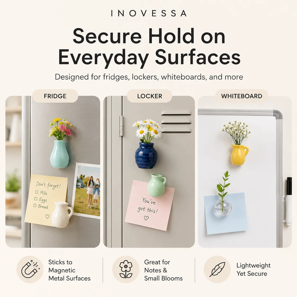Inovessa magnetic products on a refrigerator, locker, and whiteboard with decorative items.