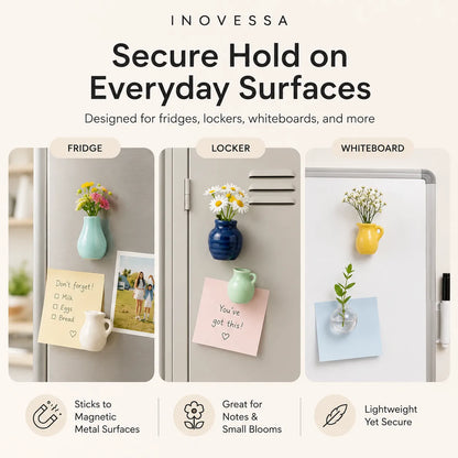 Inovessa magnetic products on a refrigerator, locker, and whiteboard with decorative items.