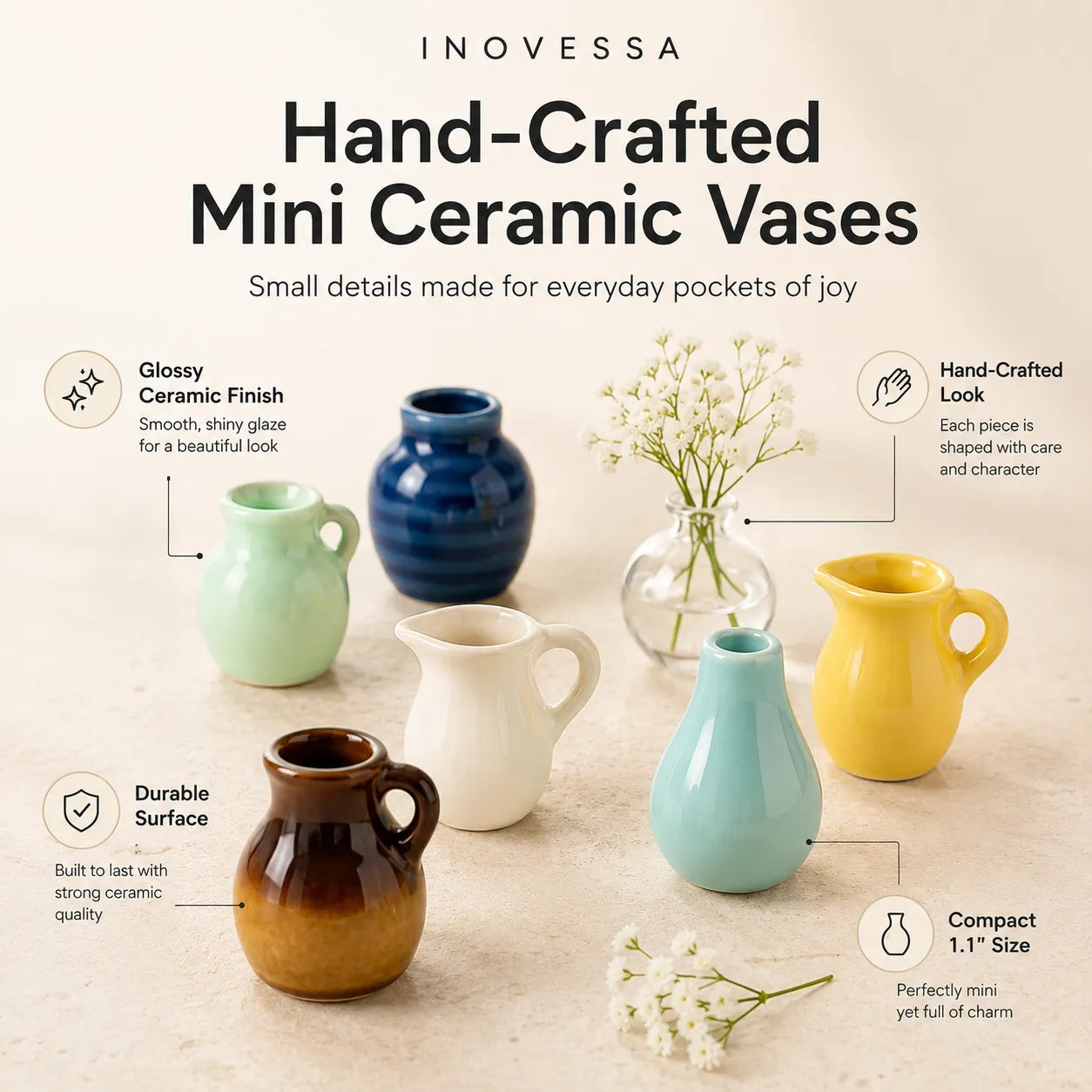 Hand-crafted mini ceramic vases with Inovessa branding on a light background