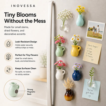 Inovessa tiny flower vases and holders on a refrigerator with promotional text.