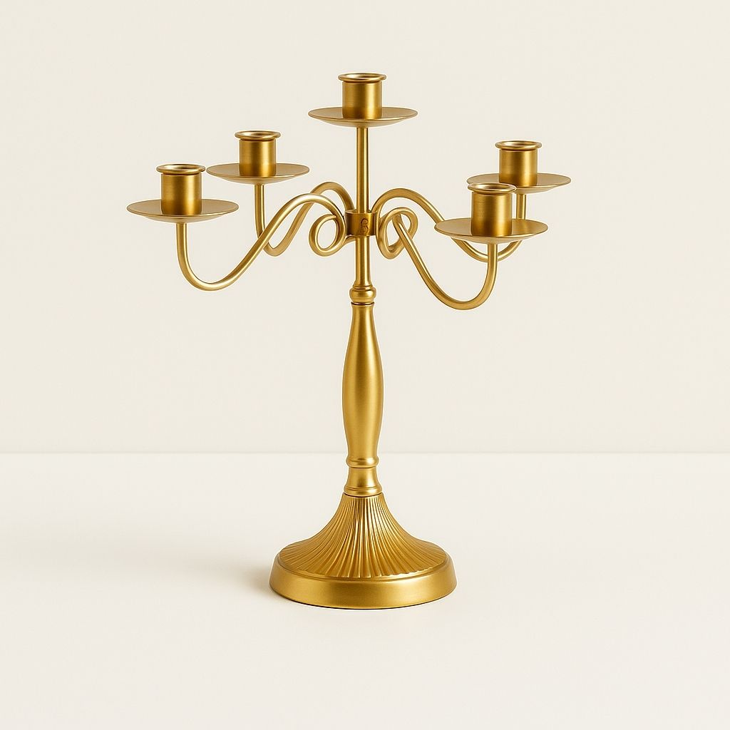Elegant metal candle stand with scrollwork base holds 1 3 or 5 taper candles