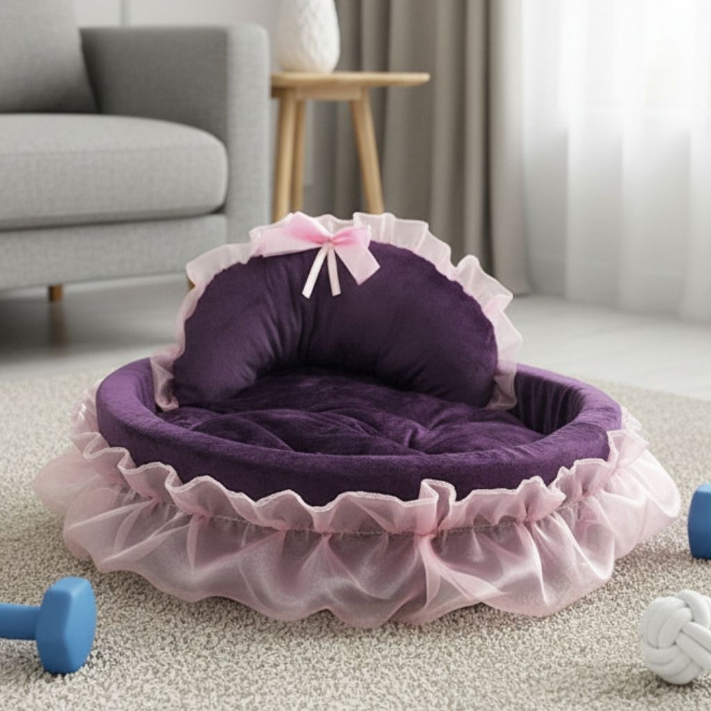 Soft plush pet bed with curved design and decorative ruffle border