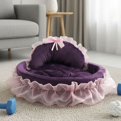 Soft plush pet bed with curved design and decorative ruffle border