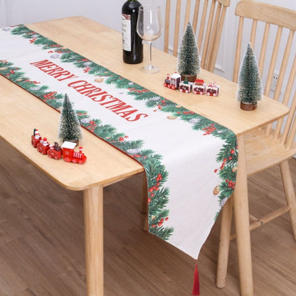 Christmas dining table runner with red holiday motifs and soft flannel material