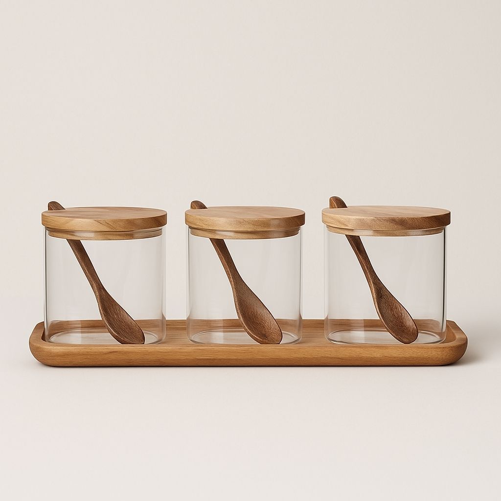  Glass spice jars with wooden lids for airtight kitchen storage and spice organization.