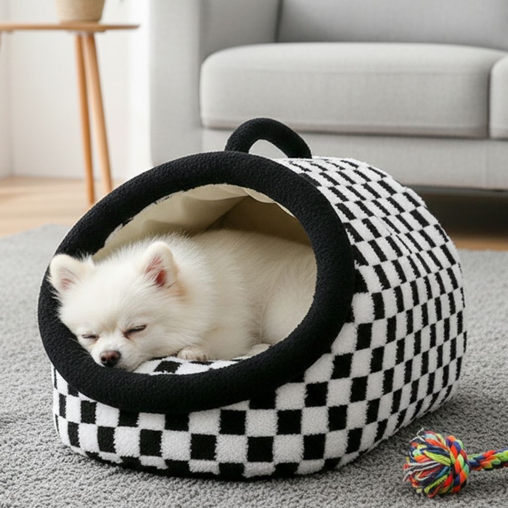 Close up of black white checkered pattern on soft insulated pet bed with raised sides