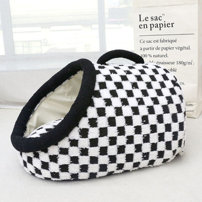 Checkered semi enclosed cat bed with non slip bottom and breathable design for all seasons