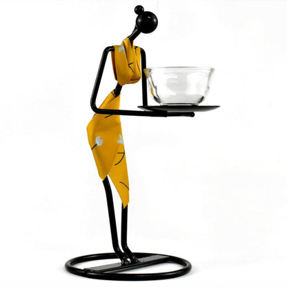 Traditional Asian tea ceremony sculpture with cloth robe and glass cup holder