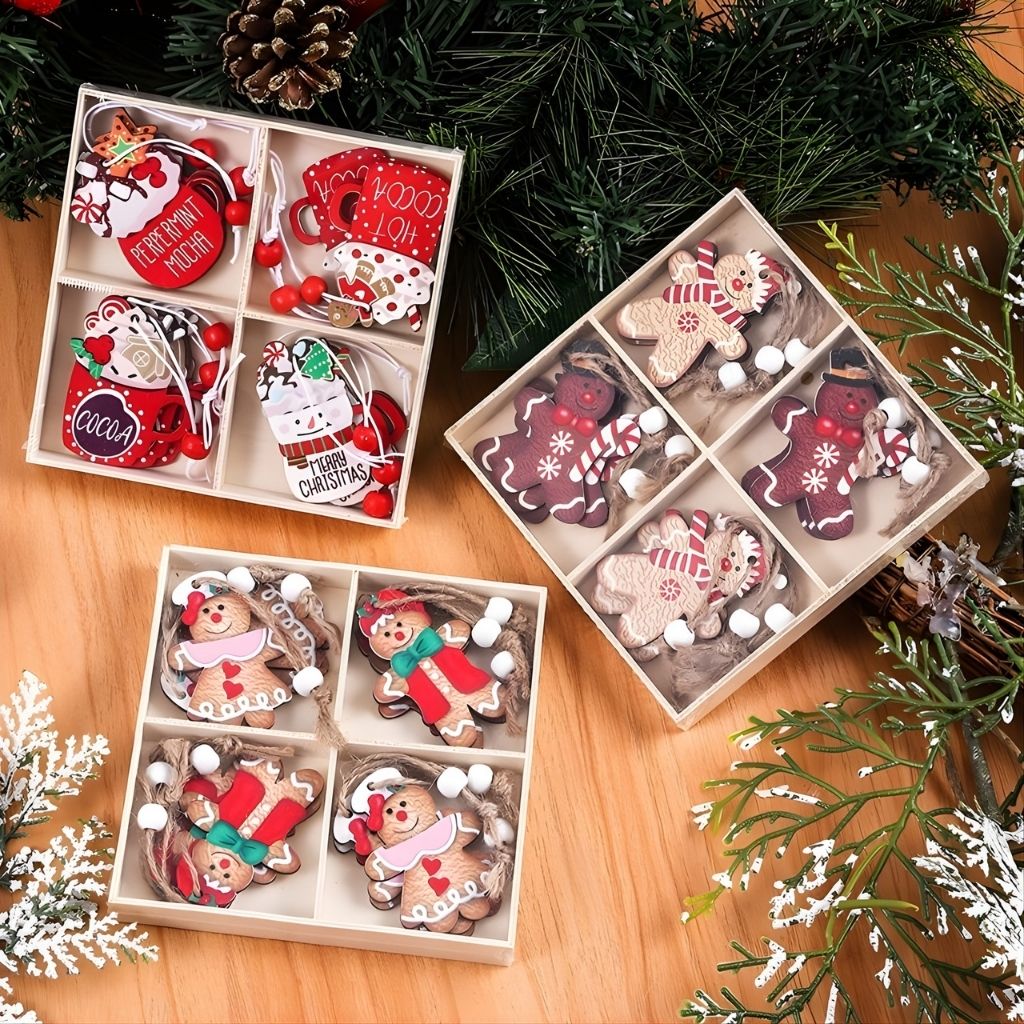Wooden gingerbread character ornaments with painted festive outfits and cheerful facial features