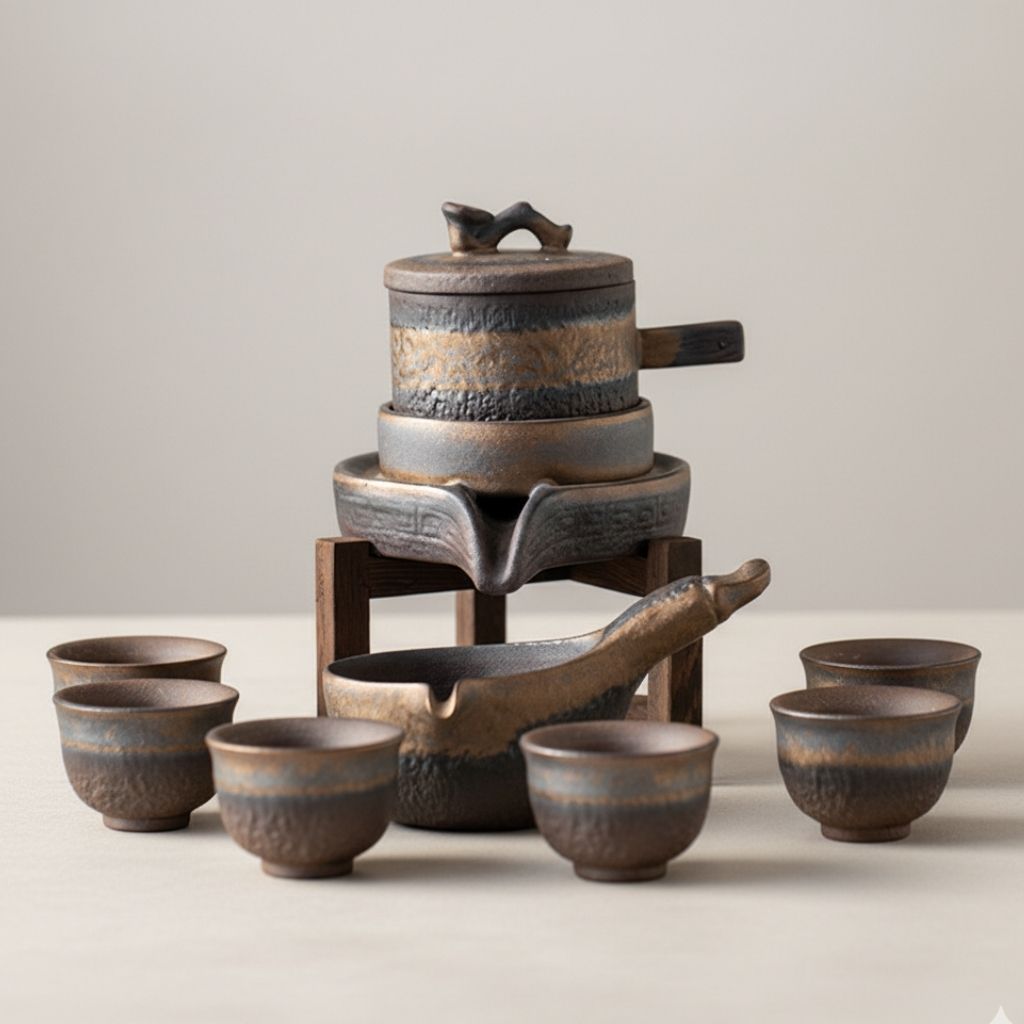 Gilded iron glaze ceramic with kiln fired finish showing natural color variations and handcrafted texture