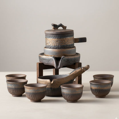 Gilded iron glaze ceramic with kiln fired finish showing natural color variations and handcrafted texture