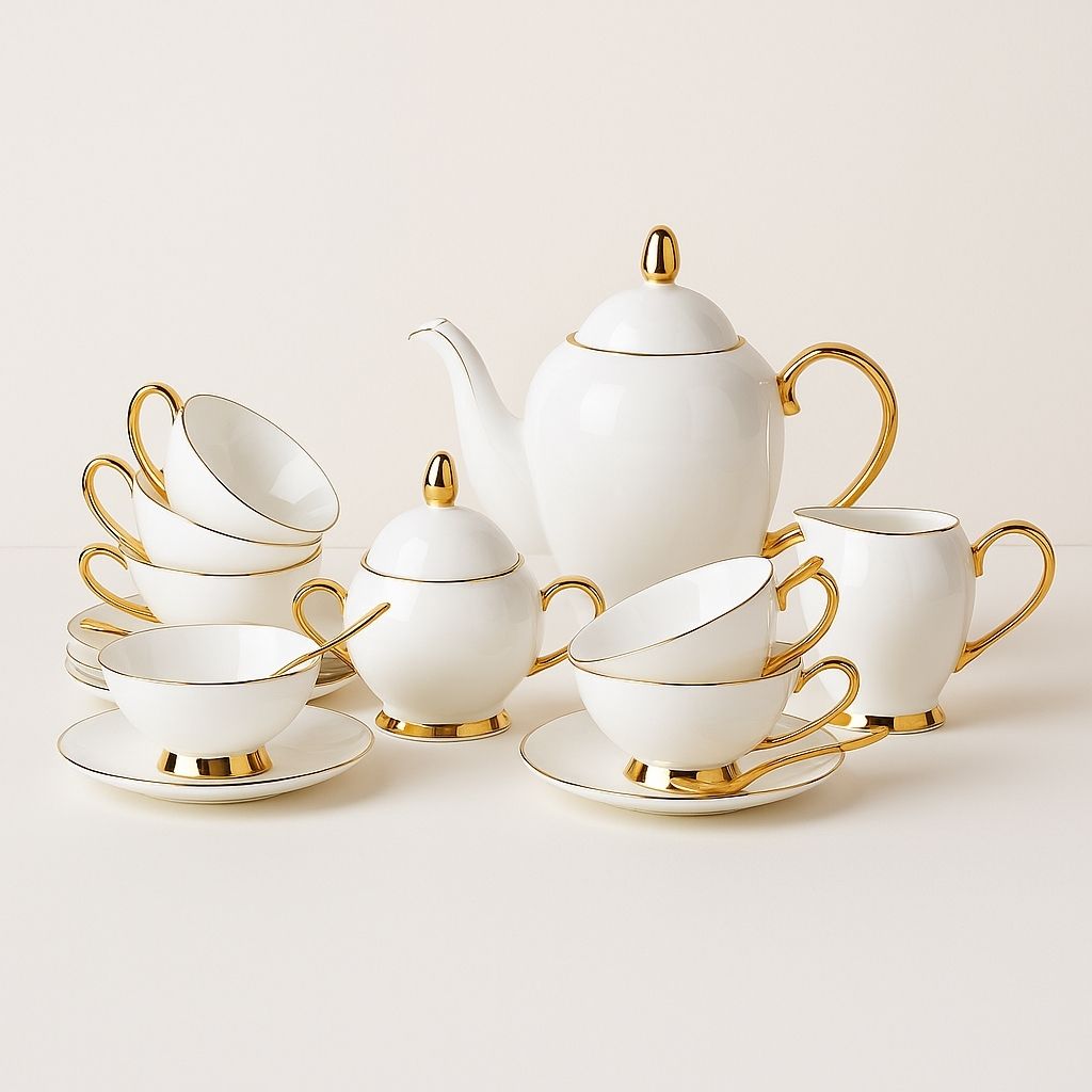 Complete 15 piece bone china tea and coffee set with 6 cups saucers and serving pieces