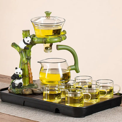 Bamboo tea serving tray with glass cups and panda themed teapot