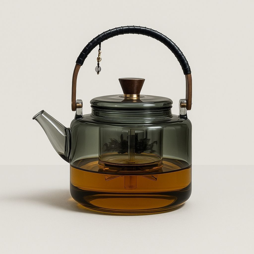 Glass teapot for loose leaf tea with built-in infuser and pouring spout