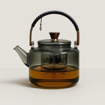 Glass teapot for loose leaf tea with built-in infuser and pouring spout