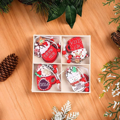 Collection of wooden gingerbread ornaments featuring cartoon expressions and festive clothing details