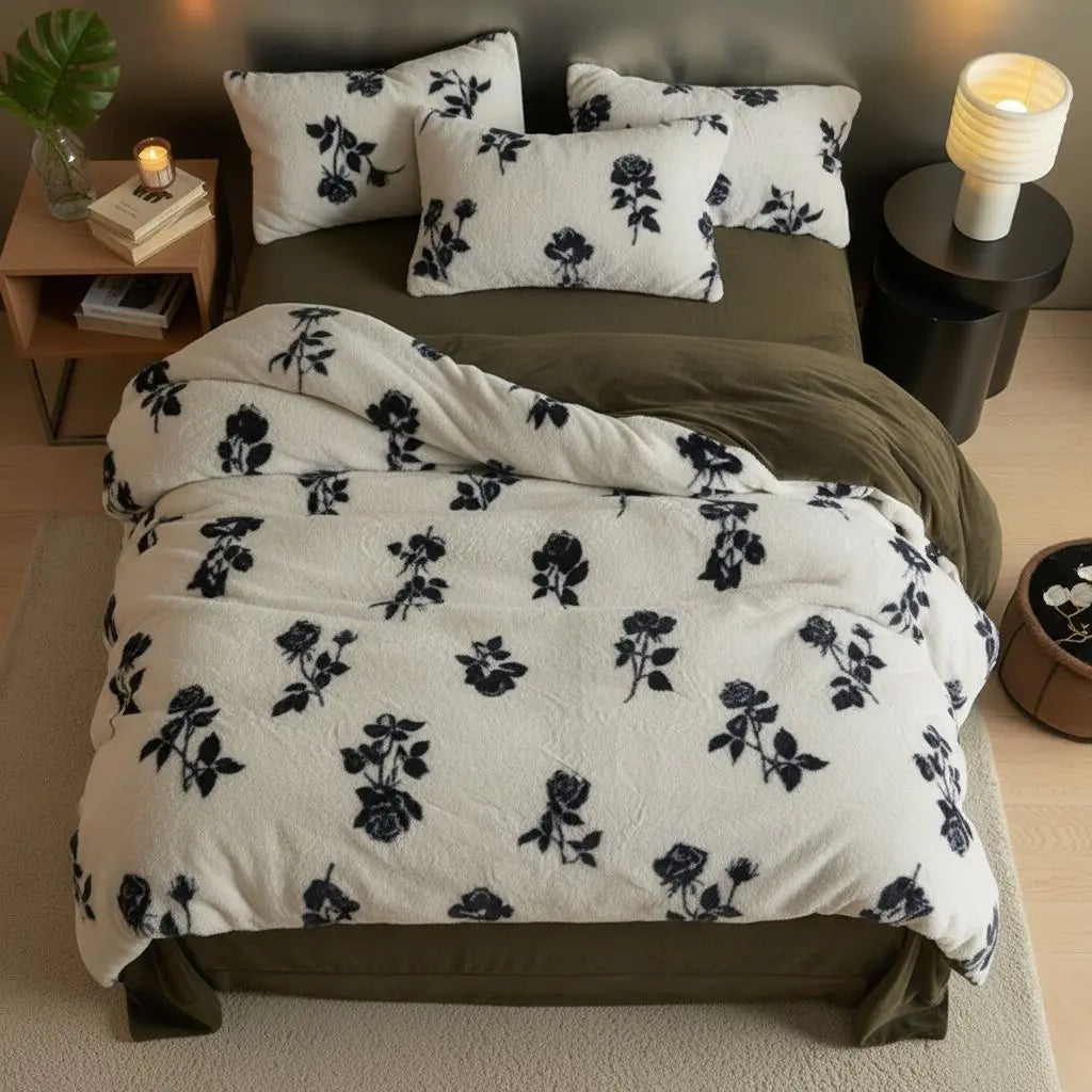 Milk fiber bedding with soft cashmere texture and detailed floral duvet cover design