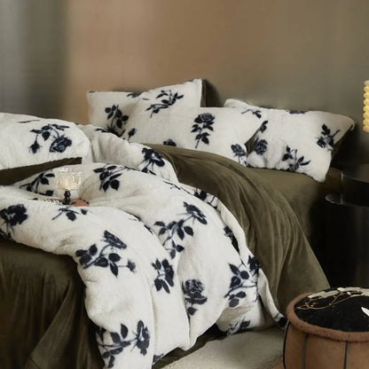 Bunny themed bedding set with carved floral design and plush milk fiber sheets