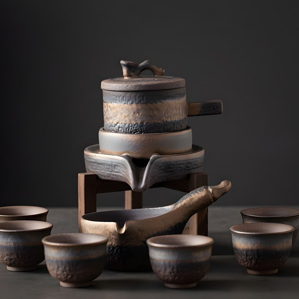 Complete ceramic tea service with natural iron glaze showing teapot pitcher and multiple tea cups