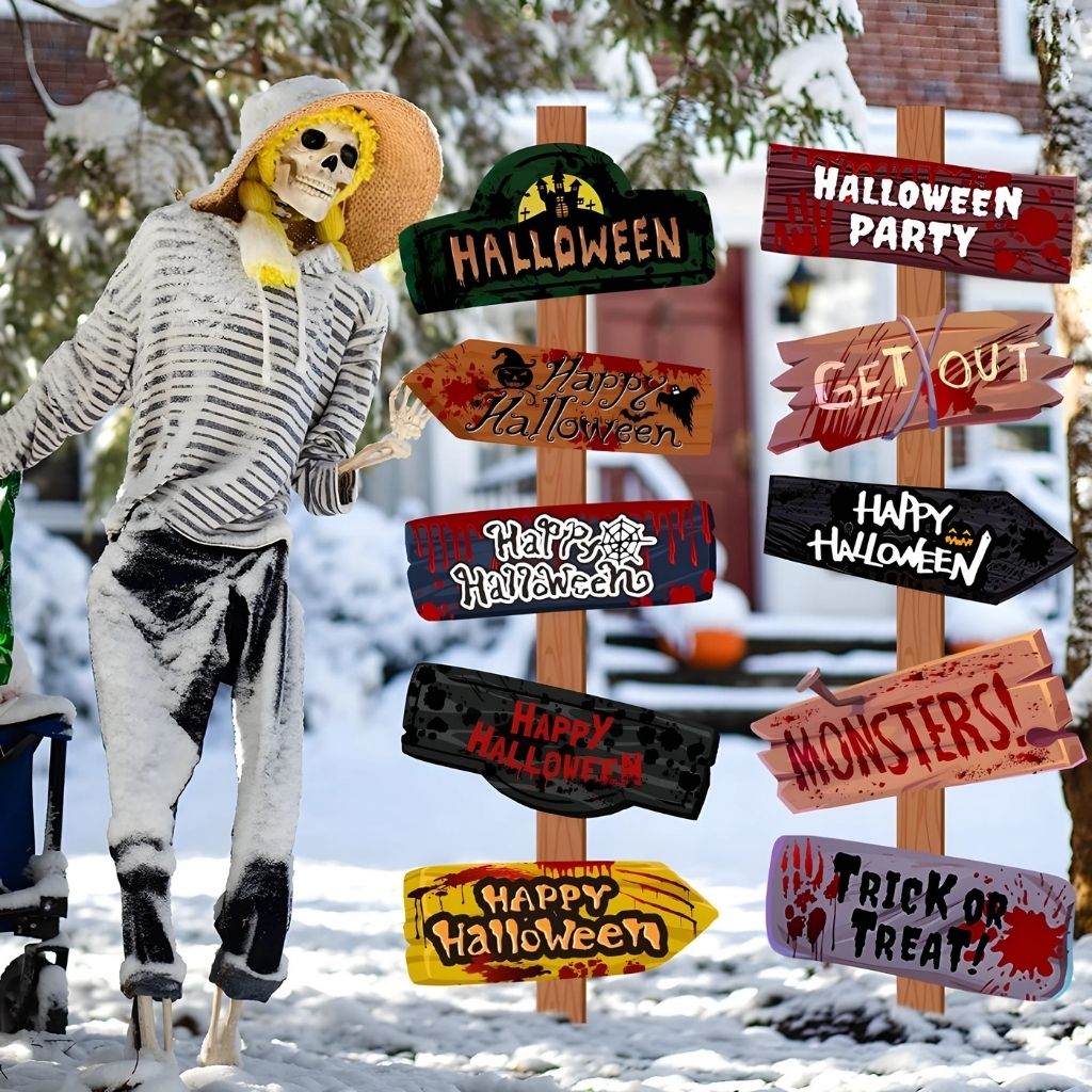Halloween yard decorations featuring blood-splattered signs with authentic weathered board design for outdoor display