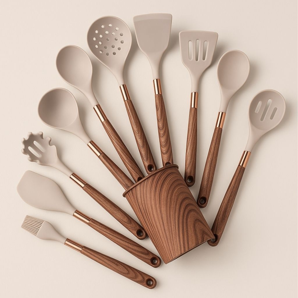 Complete 11-piece silicone cooking utensil set with matching storage container for organized kitchen spaces.