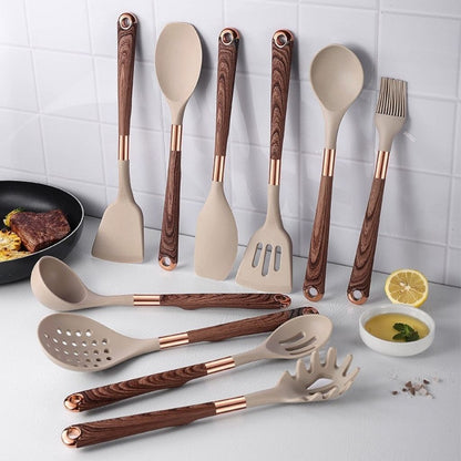 Organized silicone kitchen utensil set with dedicated storage solution for neat and efficient cooking spaces.