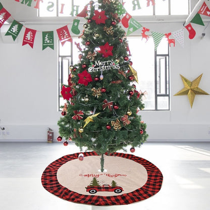  Red and black buffalo plaid Christmas tree skirt with vintage truck carrying evergreen trees