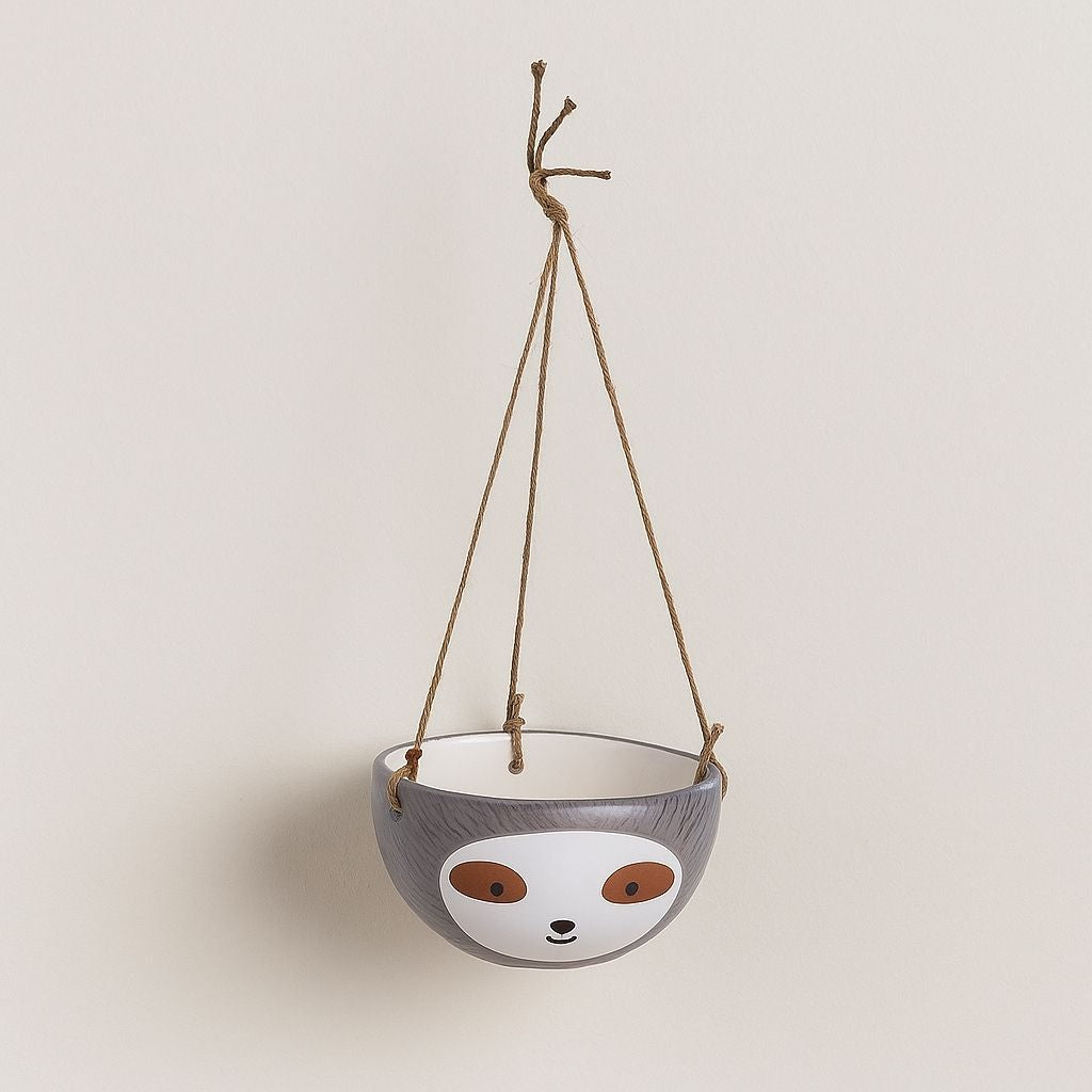 Ceramic sloth hanging planter pot for succulents - decorative indoor garden home decor with rope