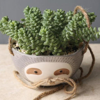  Sloth ceramic hanging pot planter - decorative indoor succulent container with rope hanger