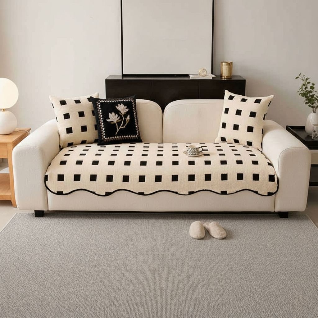  Plush geometric sofa cover with non-slip backing for modern living room furniture protection