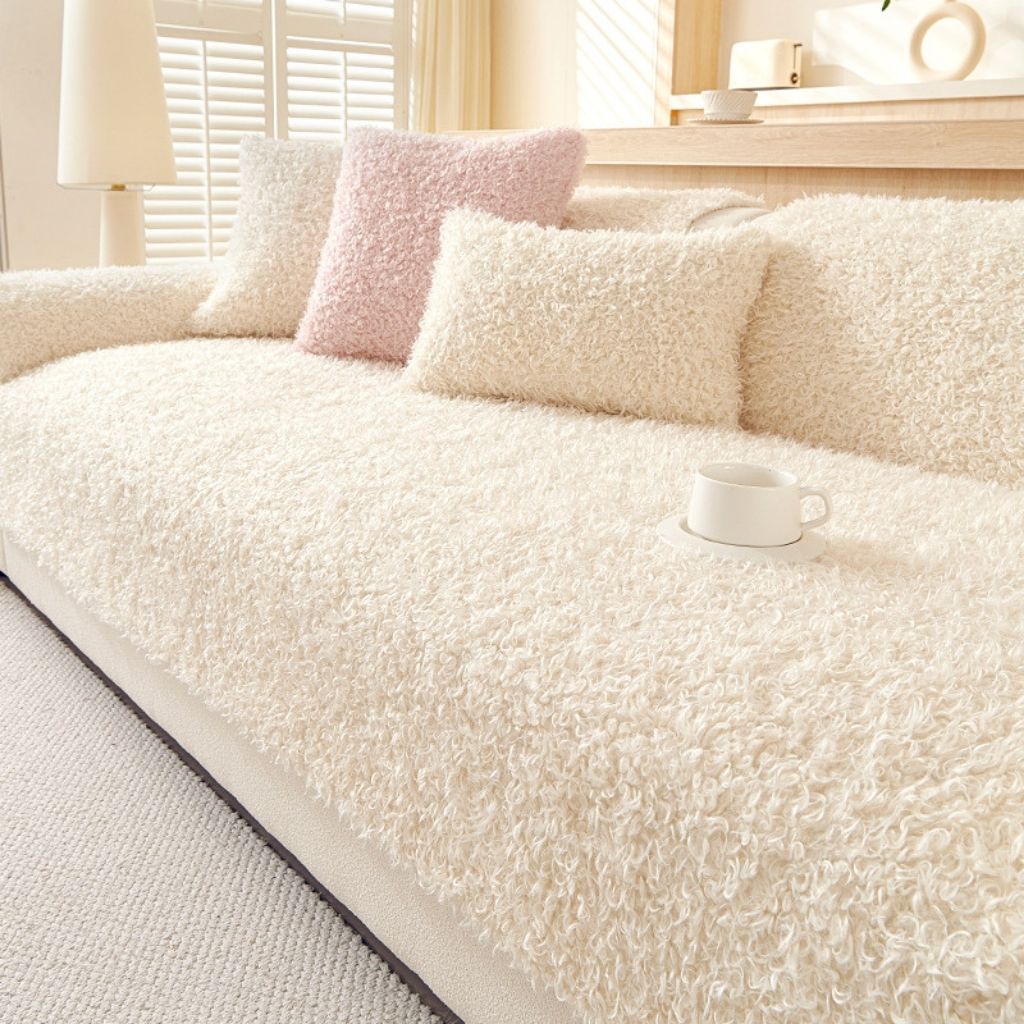 Thick plushy sofa cover in neutral tone, winter couch protector for furniture protection and warmth
