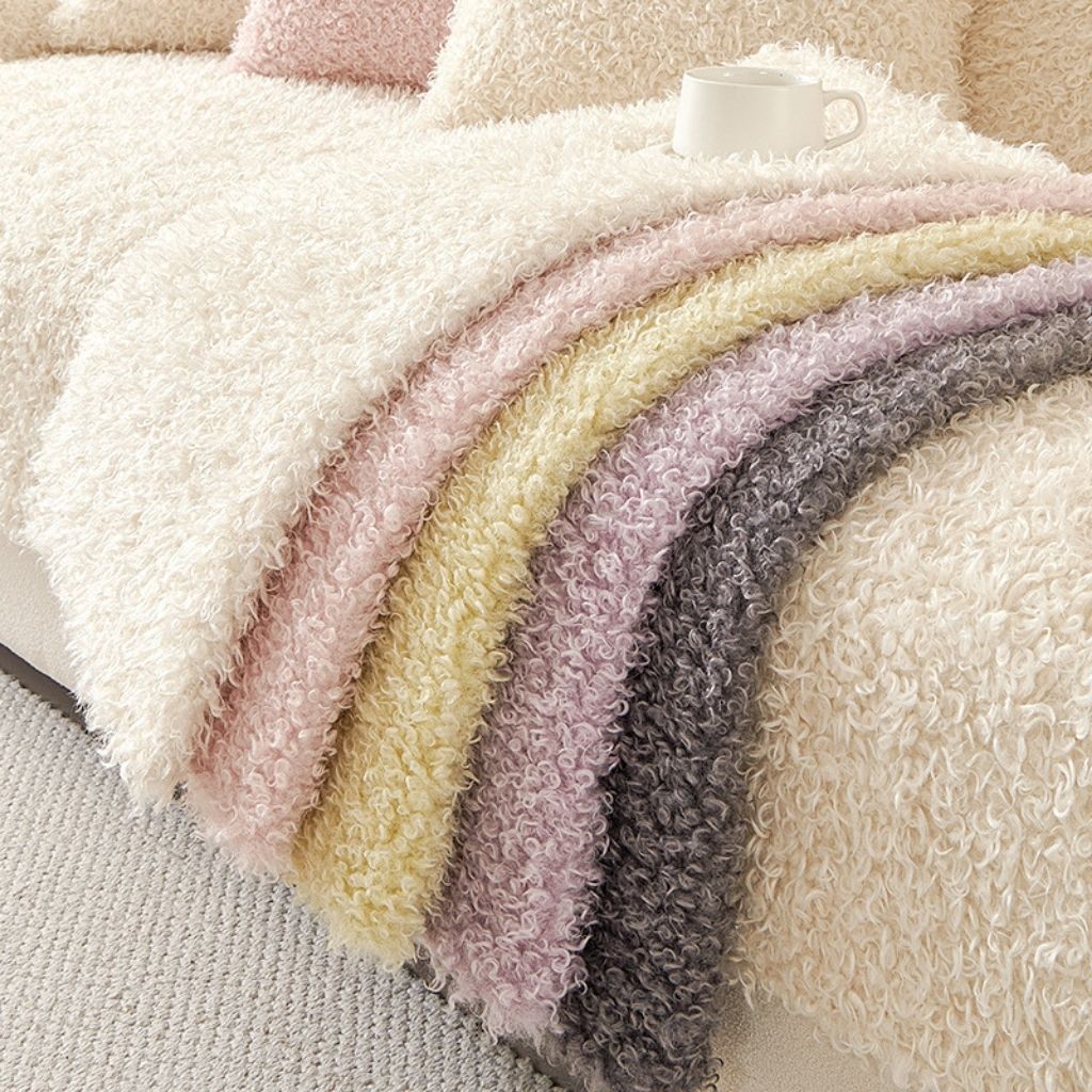  Polar fleece sofa cover showing secure fit on furniture, easy-install couch protector for home use