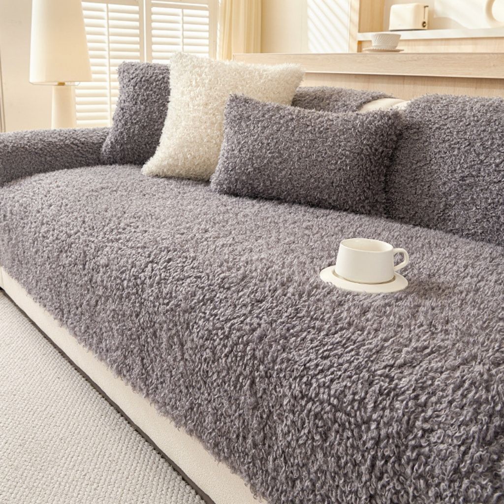 Thick polar fleece sofa cover in gray tone, winter couch protector for furniture protection and warmth