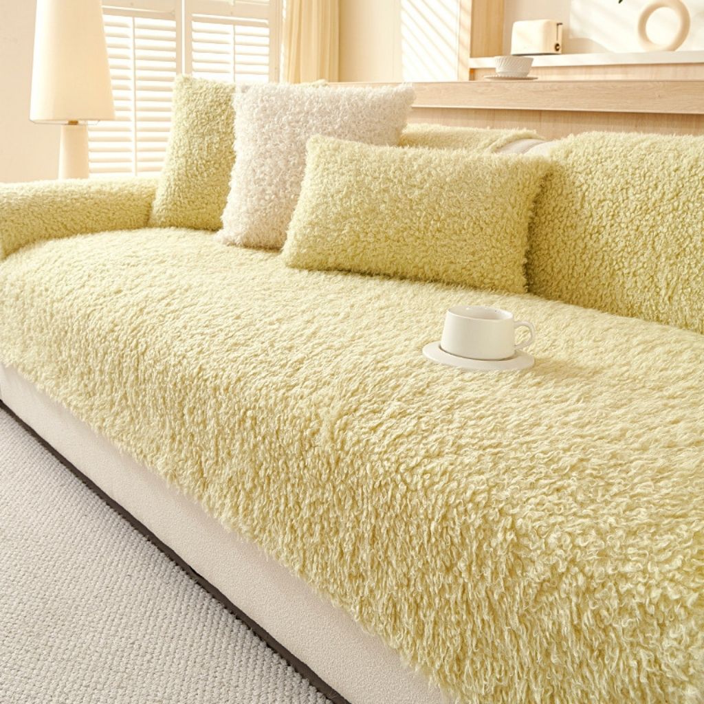 Thick polar fleece sofa cover in neutral tone, winter couch protector for furniture protection and warmth