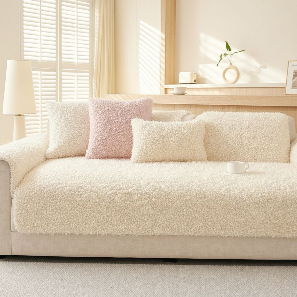 Thick plushy sofa cover in neutral tone, winter couch protector for furniture protection and warmth winter stay
