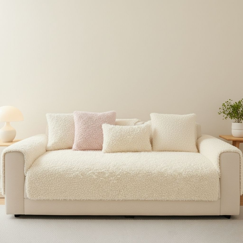  Polar fleece sofa cover showing secure fit on furniture, easy-install couch protector for home use