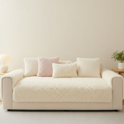  Polar fleece sofa cover showing secure fit on furniture, easy-install couch protector for home use