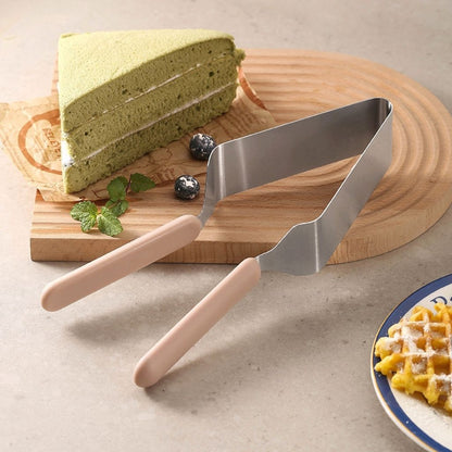Ergonomic stainless steel cake server with comfortable handle design for effortless cake cutting.
