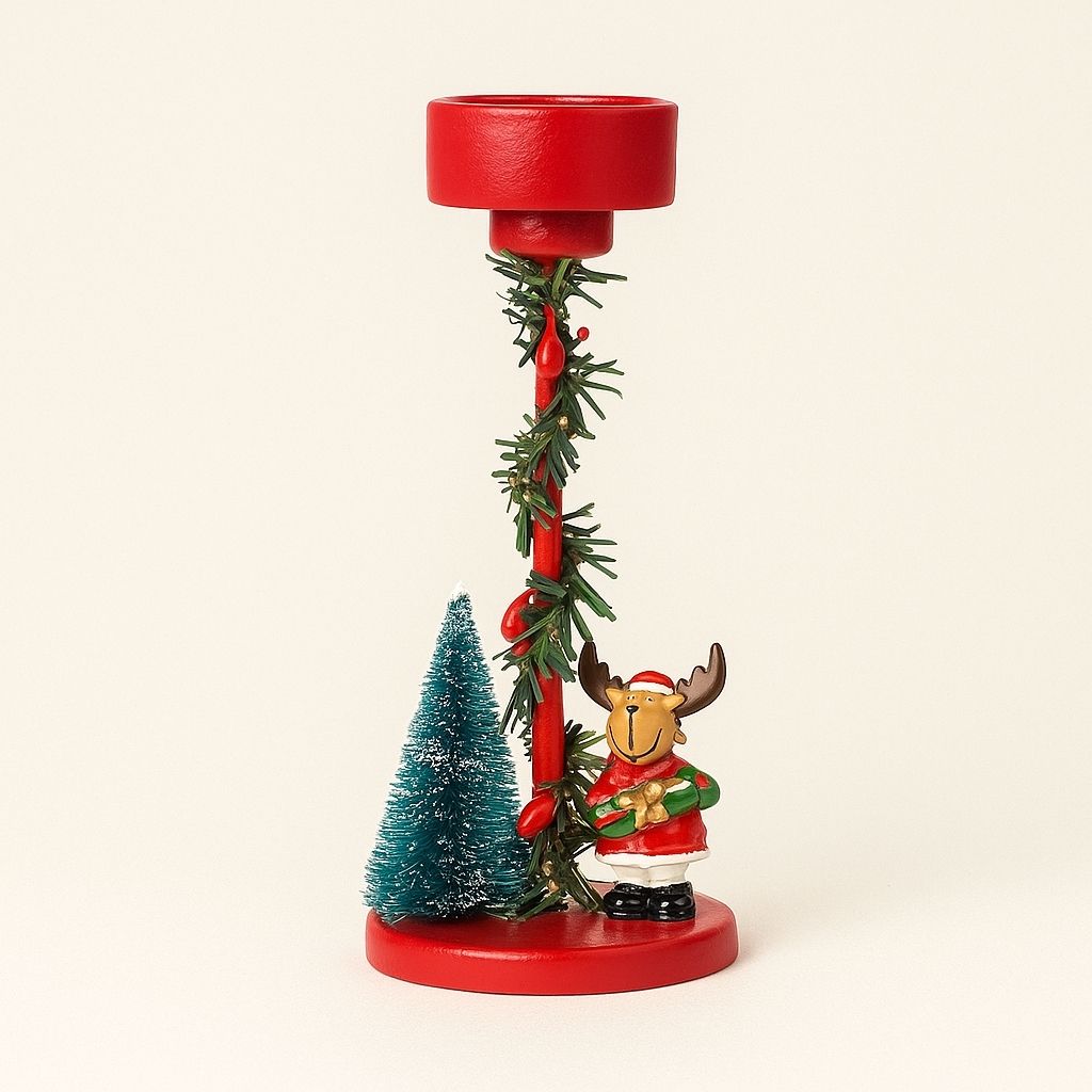 Holiday candle stand with wrapped greenery and figurine detail on cylindrical resin base