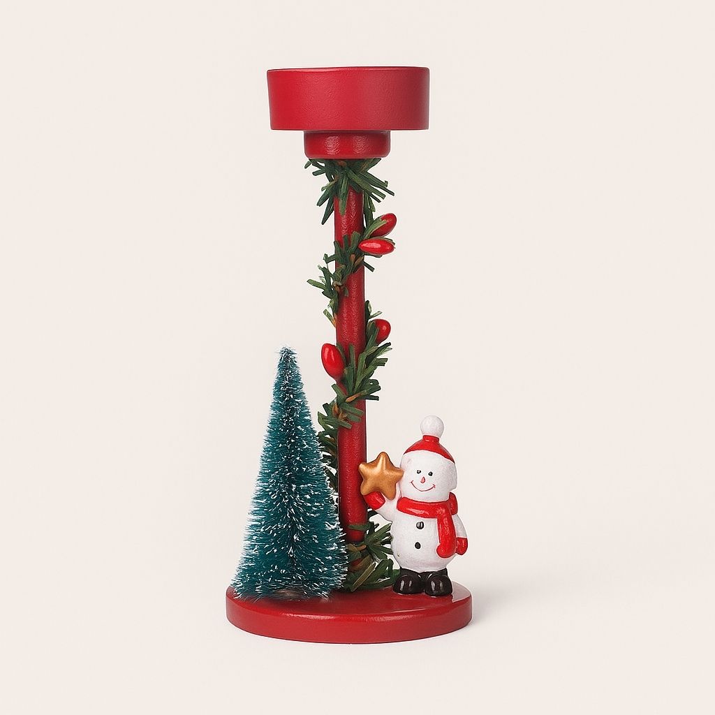 Winter candle pedestal with detailed figurine and greenery wrapped around white resin column