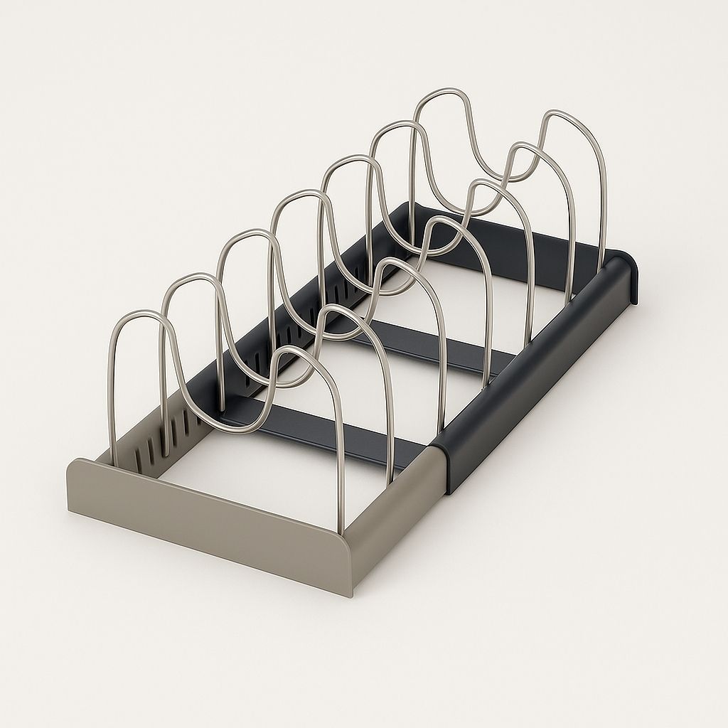 Stainless steel pot lid rack with adjustable design for efficient kitchen cabinet storage.
