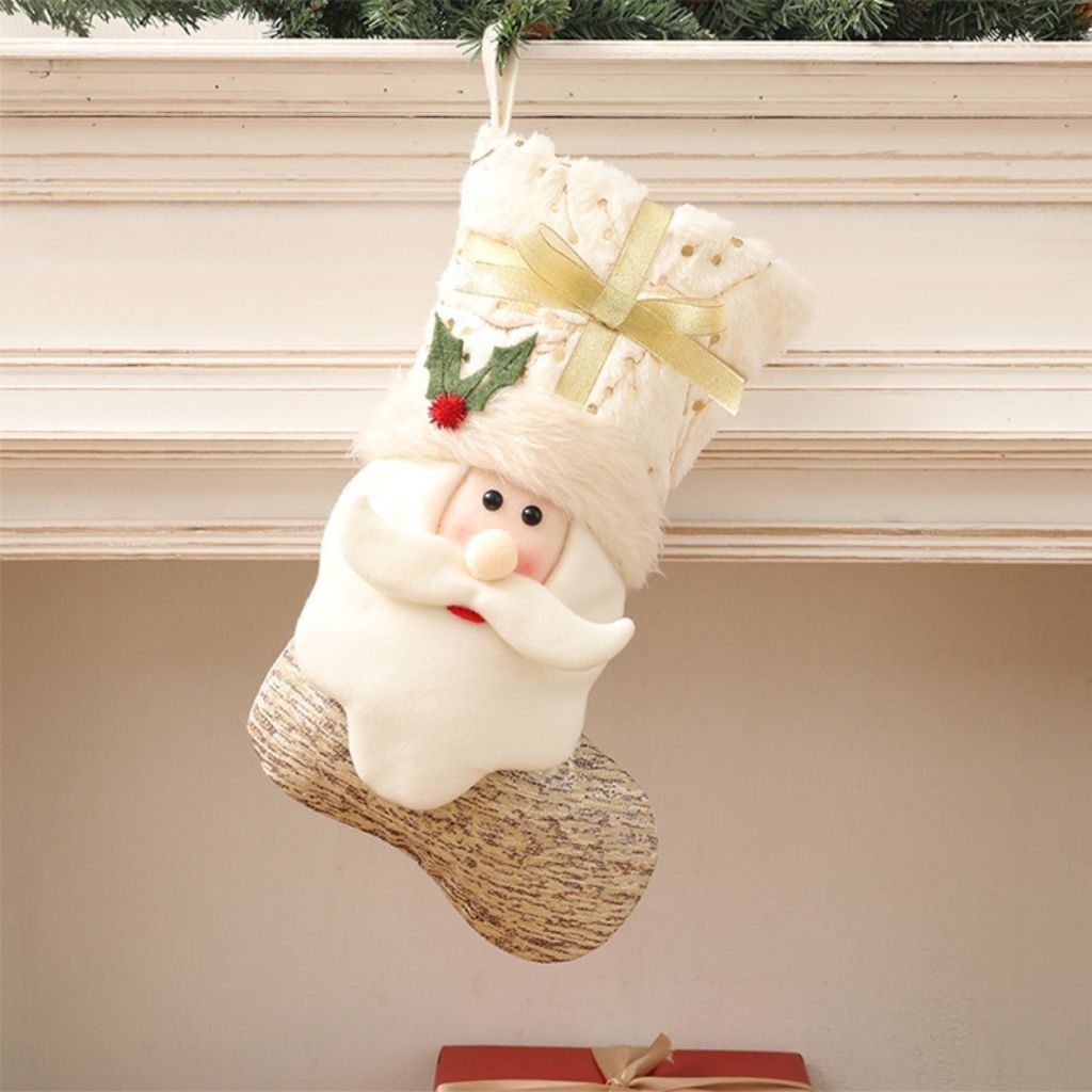 Holiday mantel stocking with plush material and festive character accent