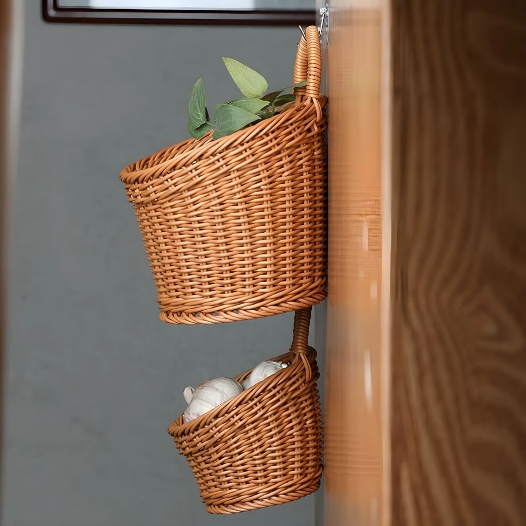 Natural wicker organizer basket with boho charm, handmade rattan construction for versatile storage
